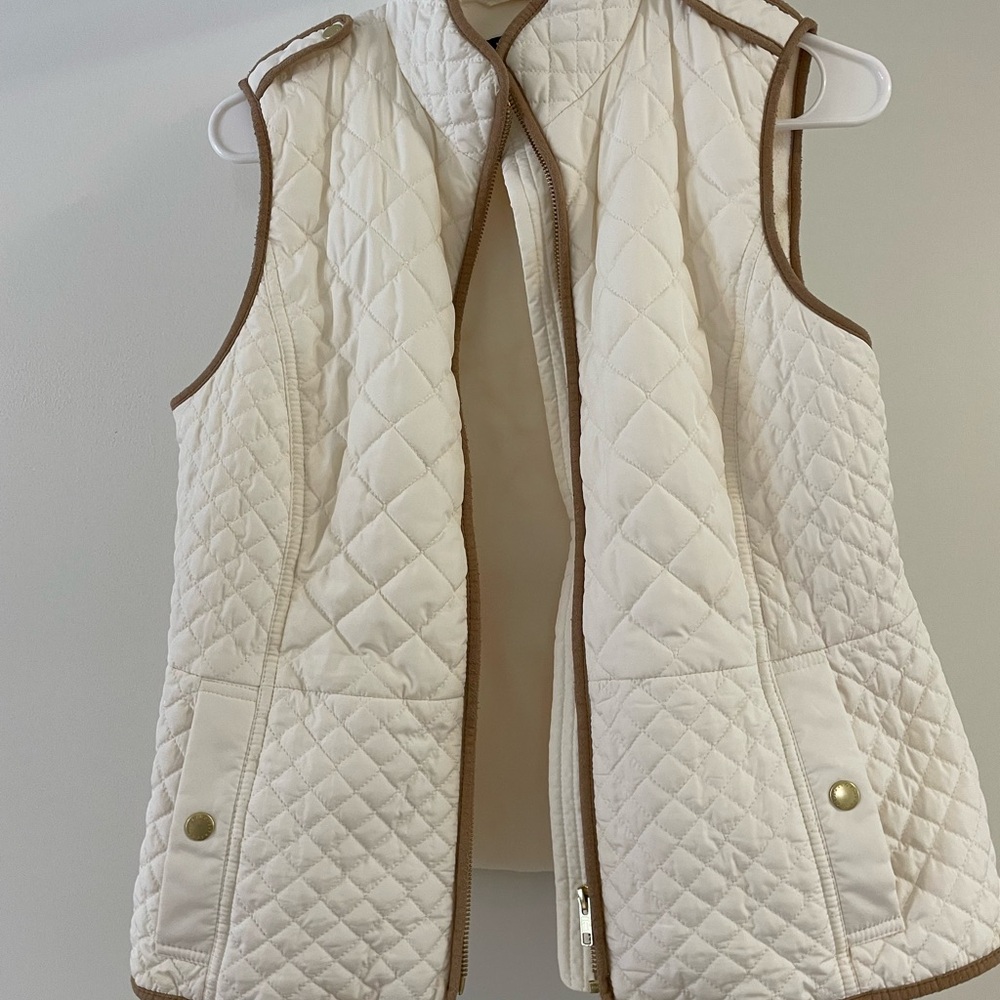Talbots Ivory Quilted Vest with Brown Trim
